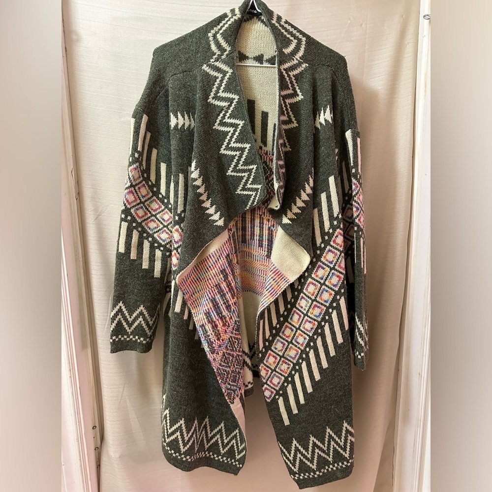 Aztec Tribal Waterfall Knit Cardigan – Wool Blend – Open Front – One Size/Flowy